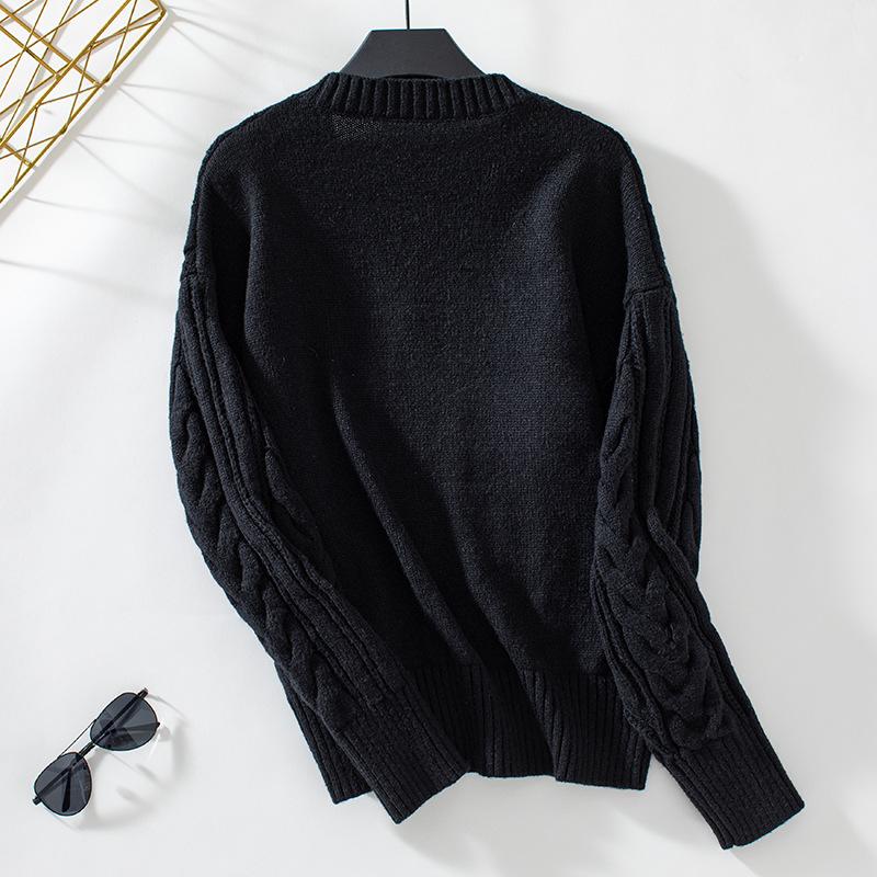 Autumn Winter Vintage Loose Long Sleeve Top Solid Color Pullover Knitwear V-Neck Sweater