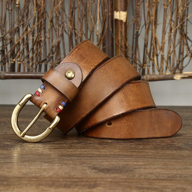 2024 Nowy Retro Vintage Skórzany Pasek Męski Skórzany Klamra z Kolcem Amerykański Trend Warstwa Wierzchnia Skóra Bydlęca Pasek do Dżinsów