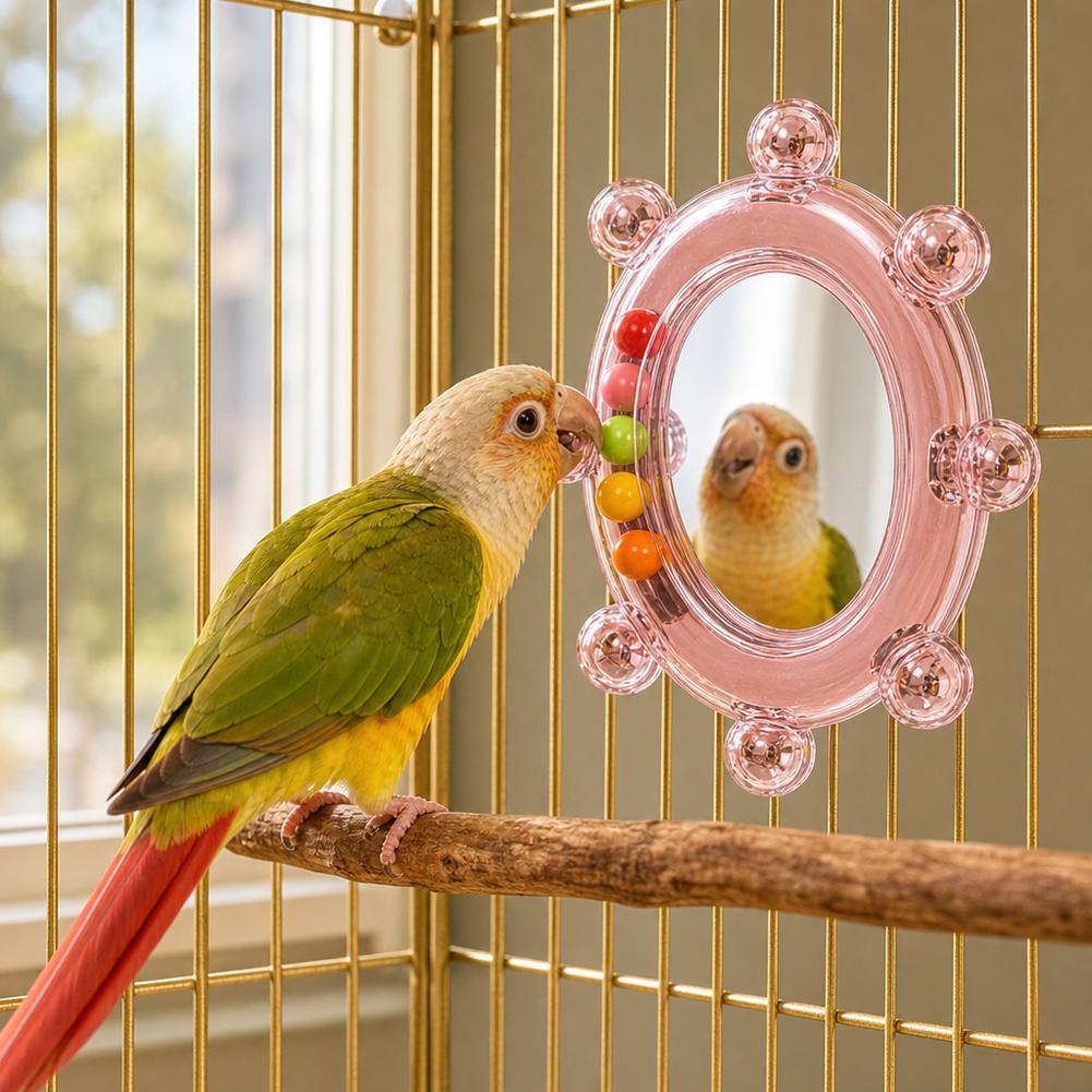 Bird Mirror Toy With Bell Chew Beads Parrot Cage Accessories Beak Grinding Boredom Relief Interactive Toy
