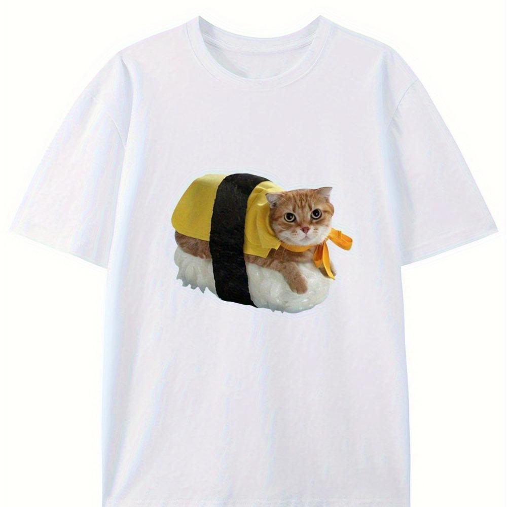 

American Street Cute Kitten and Sushi Roll Pattern Loose Classic Tshirt Versatile Simple Top Unisexs and Womens Tshirt S
