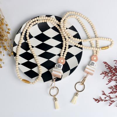 Wooden Lanyard ID Badges Teacher Lanyard with ID Holder Boho Style Keychain