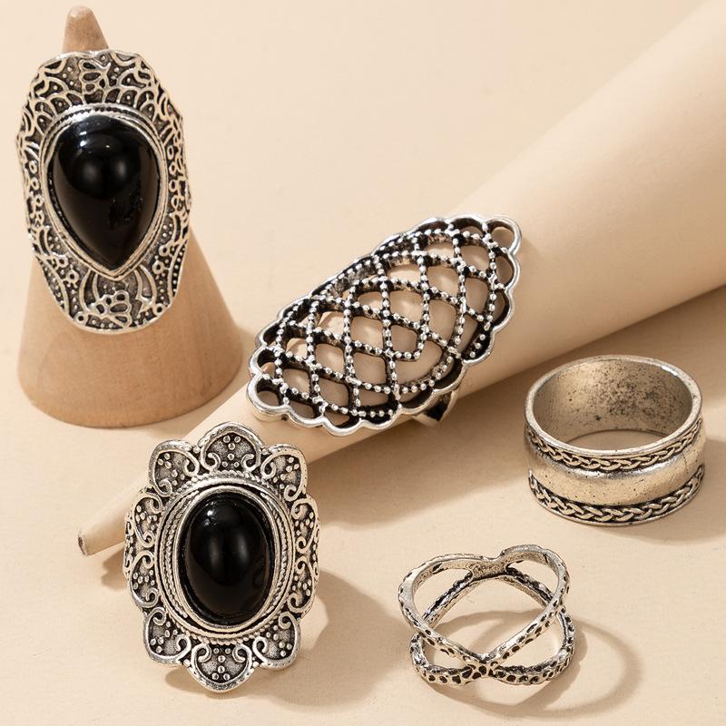 Black and White Emerald Ring, Personalized Retro Drip Cross Hollow Wide Edge Ring 5-piece Set for Men and Women