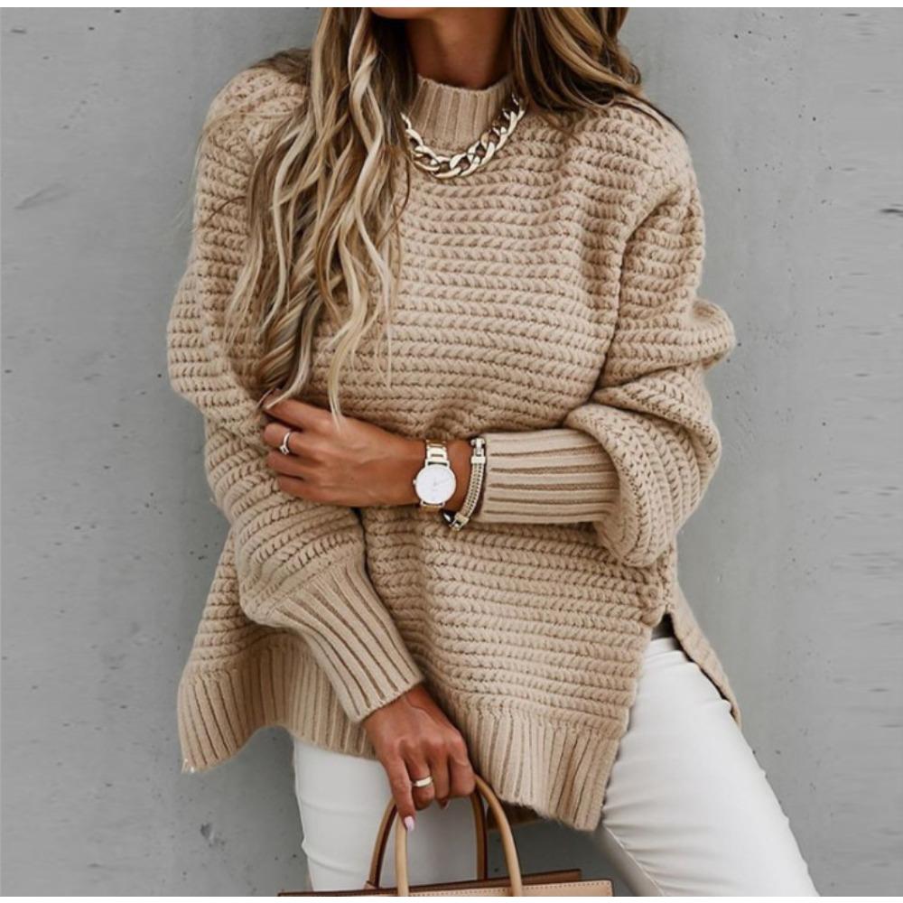 Neuer Strickpullover mit halbem Stehkragen, locker, einfarbig, langärmelig, dicke Nadeln, seitlicher Schlitz für Damen im Herbst und Winter
