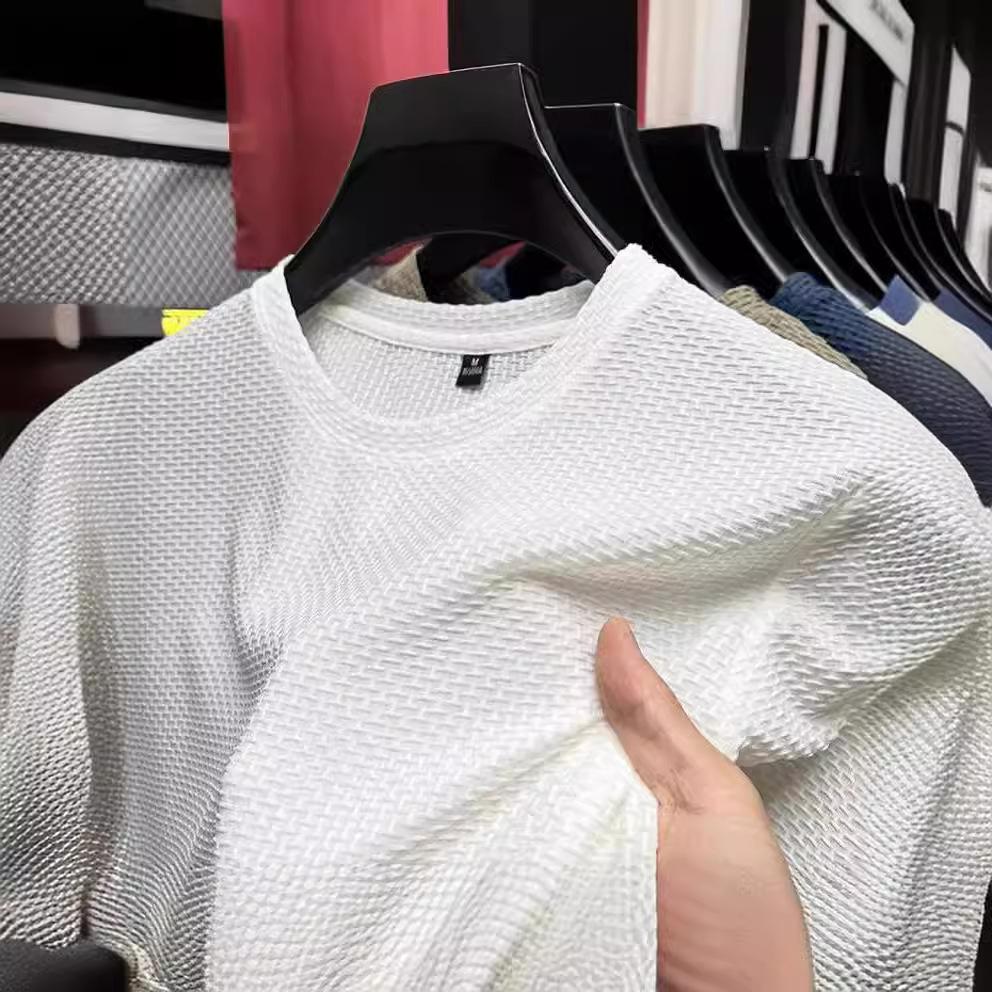 Camiseta de Verano para Hombre de Seda de Hielo de Secado Rápido con Plisados y Estampado Oscuro