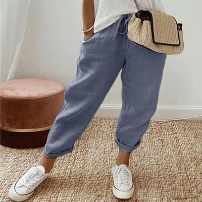 Calças casuais femininas, cor sólida, soltas, calças compridas, cós elástico, cordão ajustável, calças com bolsos