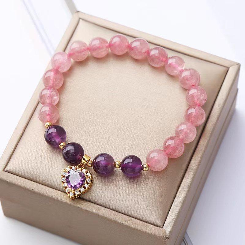 Crystal jewelry bracelet double-spell fashion strawberry crystal amethyst peach heart pendant Bangles Women Fashion Jewelry accessories Gift