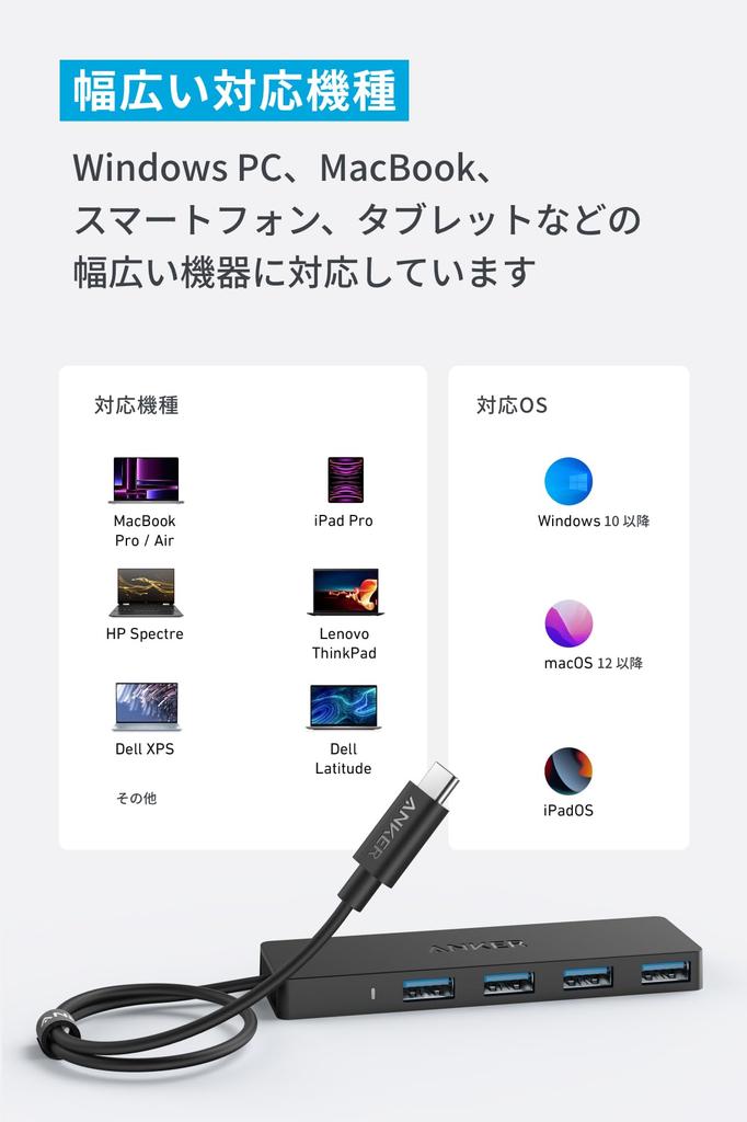 Hub de date Anker cu USB de date de 60 cm și porturi pentru și USB-C pentru Windows (4 în 1, 5 Gbps) Cablu, Transfer de Mare Viteză, 3.0, USB-A MacBook, iMac, Surface,