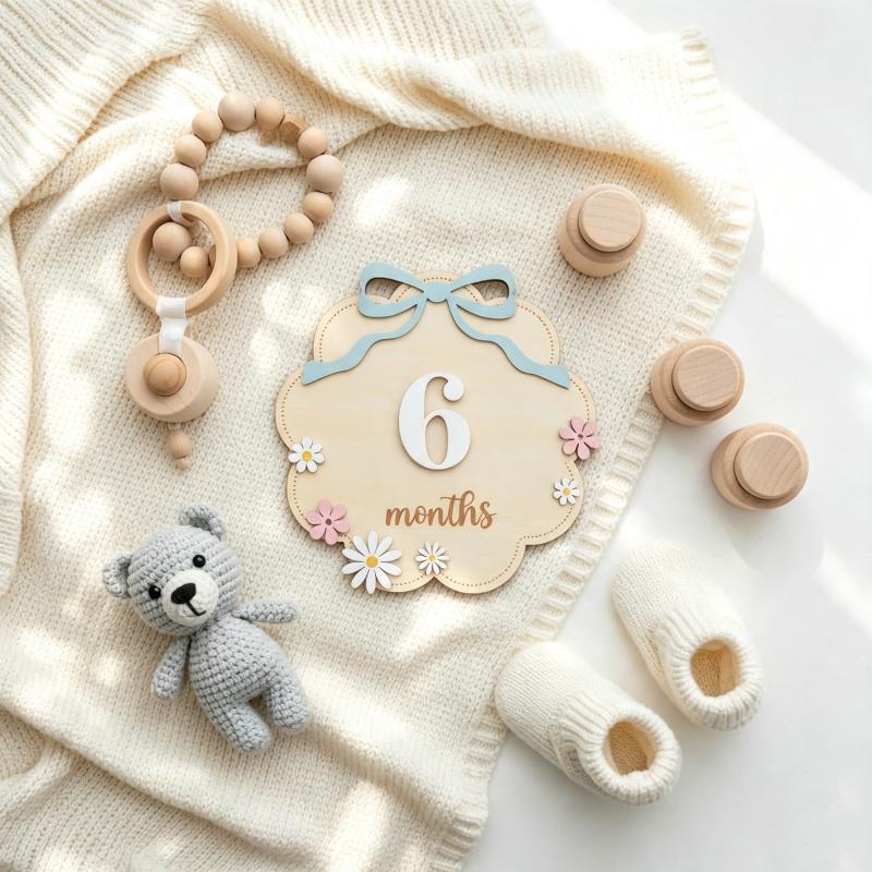 Marqueurs de jalons mensuels pour bébé en bois non toxique, nœud rose, style floral, accessoires adorables pour photos de nouveau-né pour album souvenir