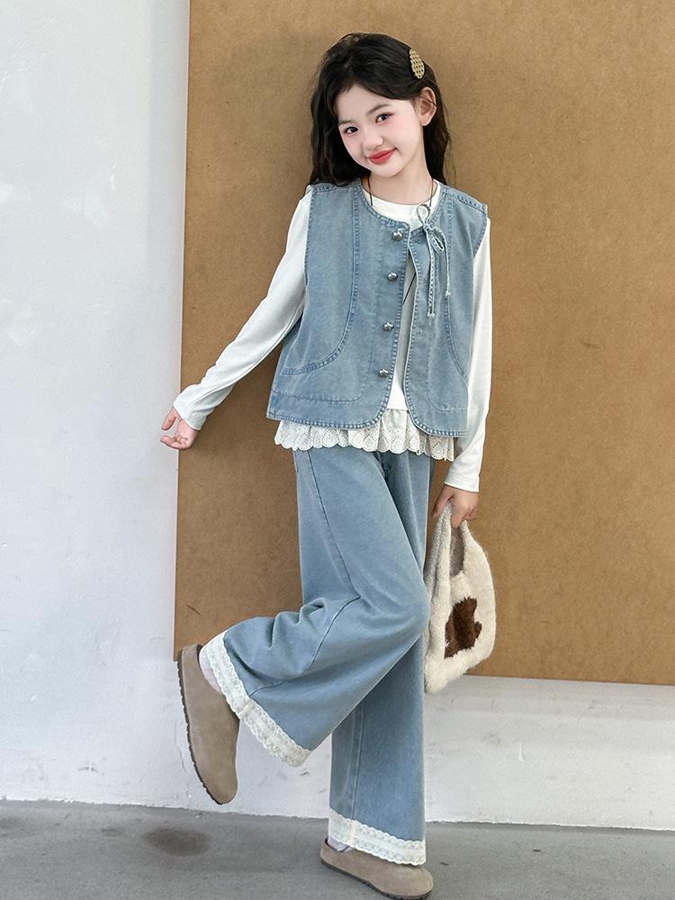 Girls' Denim Vest and Lace Pants Set – Long Sleeve Base Shirt Included (Spring/Autumn 2025)