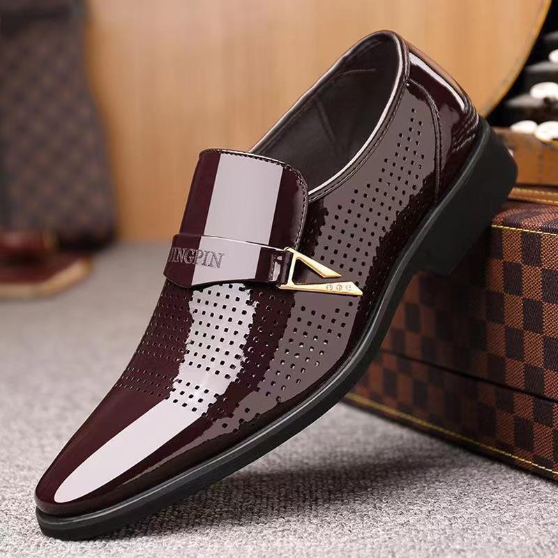 New business dress leather shoes men's casual wedding groom British height increase summer breathable blue pointed men's shoes