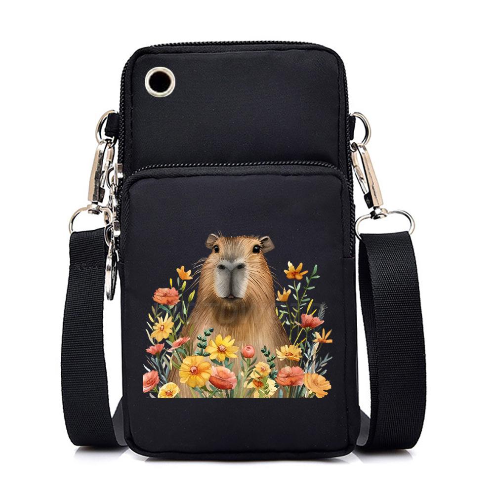 Multifunctional vertical black shoulder bag printed cartoon casual men's and women's portable mobile phone bag messenger bag