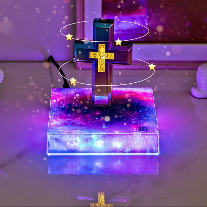 

Light luxury magnetic levitation cross desk lamp base with colorful light changing starry sky book base decoration UK plug