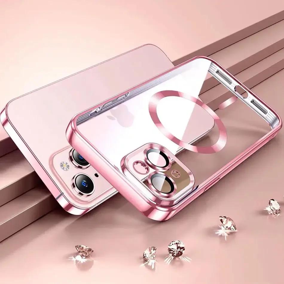 New Color Clear Glass Lens Protector Phone Case for iPhone 15 11 12 13 14 16 Pro Max Plus X XR XS Max Magnet Soft Magsafe Cover