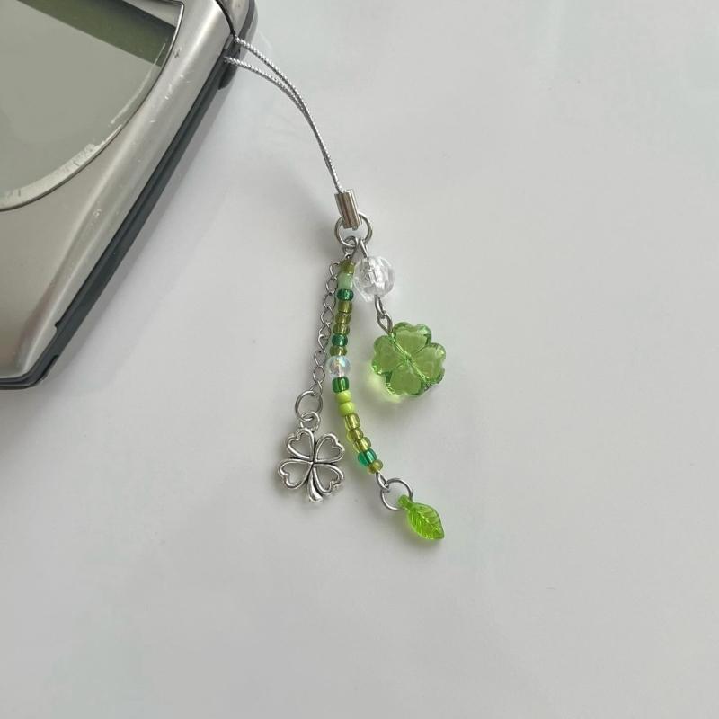Sweet Grass Leaf Bead Charm Pendant Chain Phone Strap Pocket Keychain Strap Hangings Decoration for Key Bag Purse