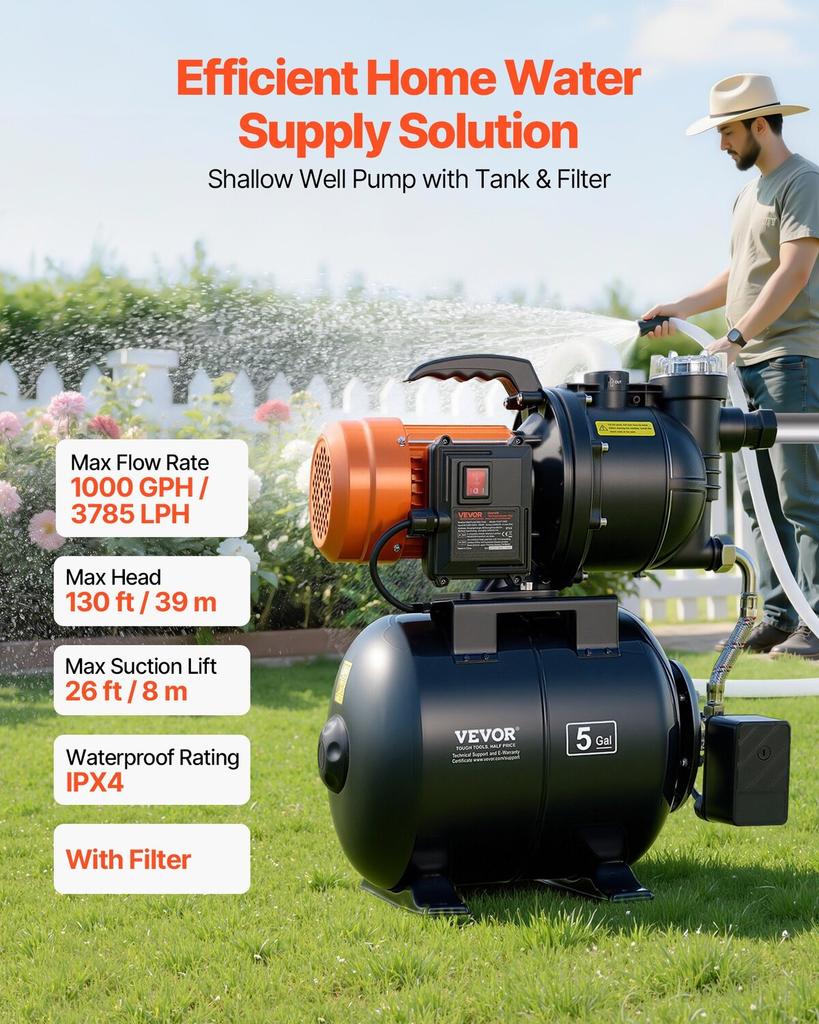 735W Shallow Well Pump with Pressure Tank, 3785 LPH, Irrigation Jet Pump with 19L Tank, Filter, Check Valve, Automatic Water Booster System, 1.4-2.8