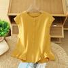 Women Yellow Linen Blend Sleeveless Blouse With Ruffle Hem And Button Down Casual Summer Top