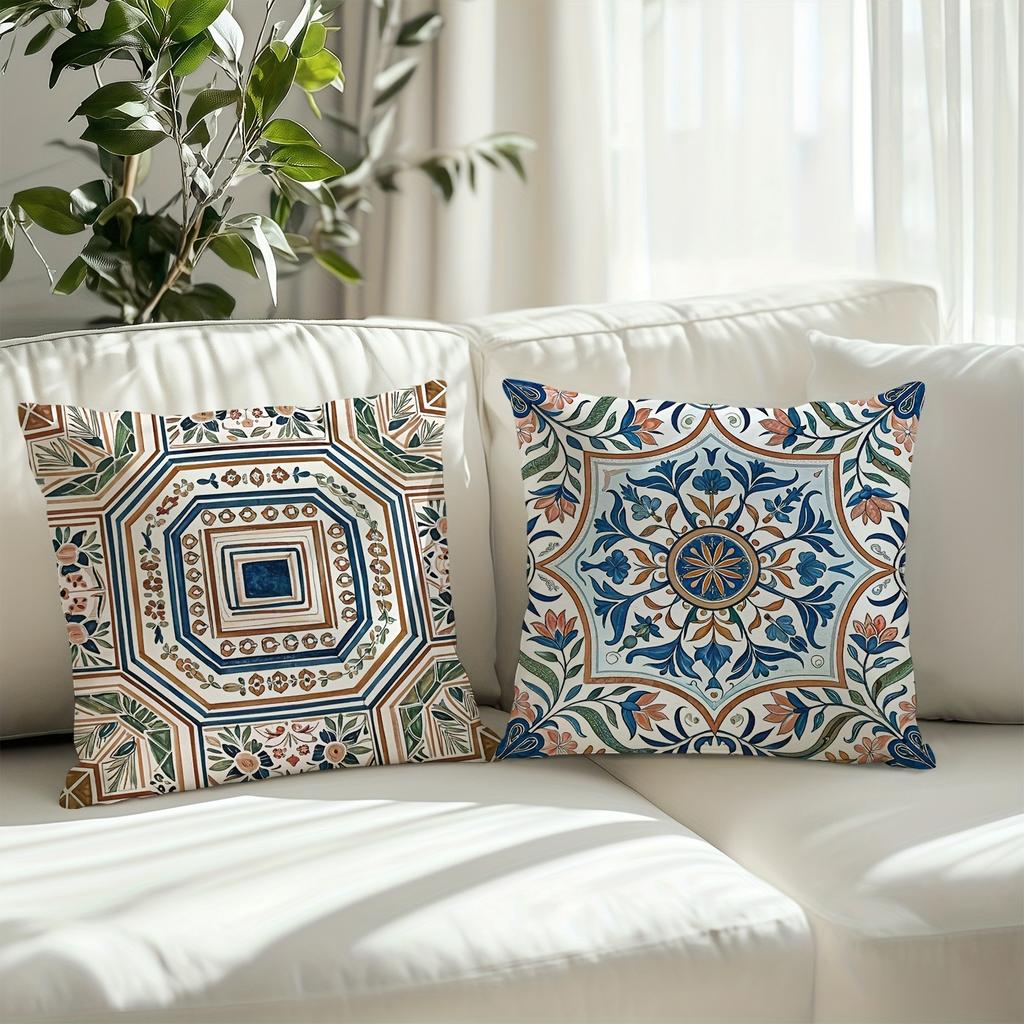 Retro Tile - Inspired Floral Pillow CoversLiving Room Sofa Cushion Cover, Soft and Comfortable, Bedroom Room Decoration