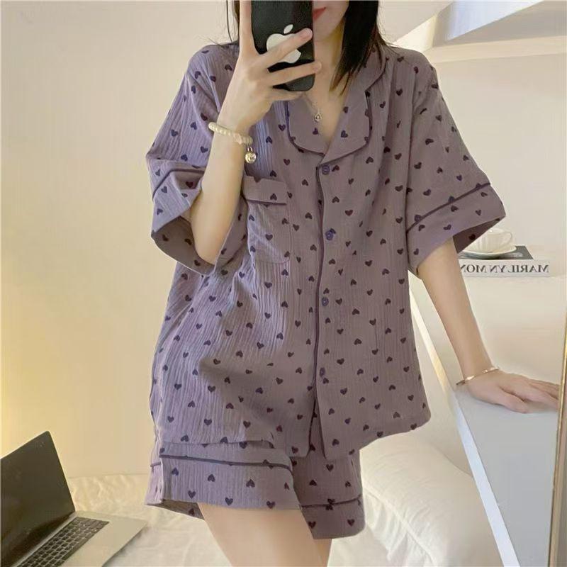 

Sweet and high-value purple love pajamas women s summer thin short-sleeved shorts loose summer loungewear set S