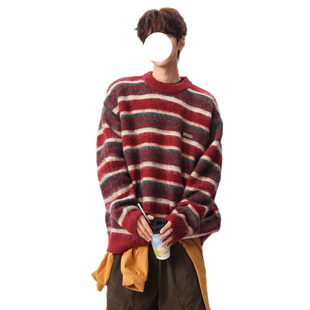 Unisex Retro Rot Gestreifter Mohair Pullover – Herbst/Winter Stil