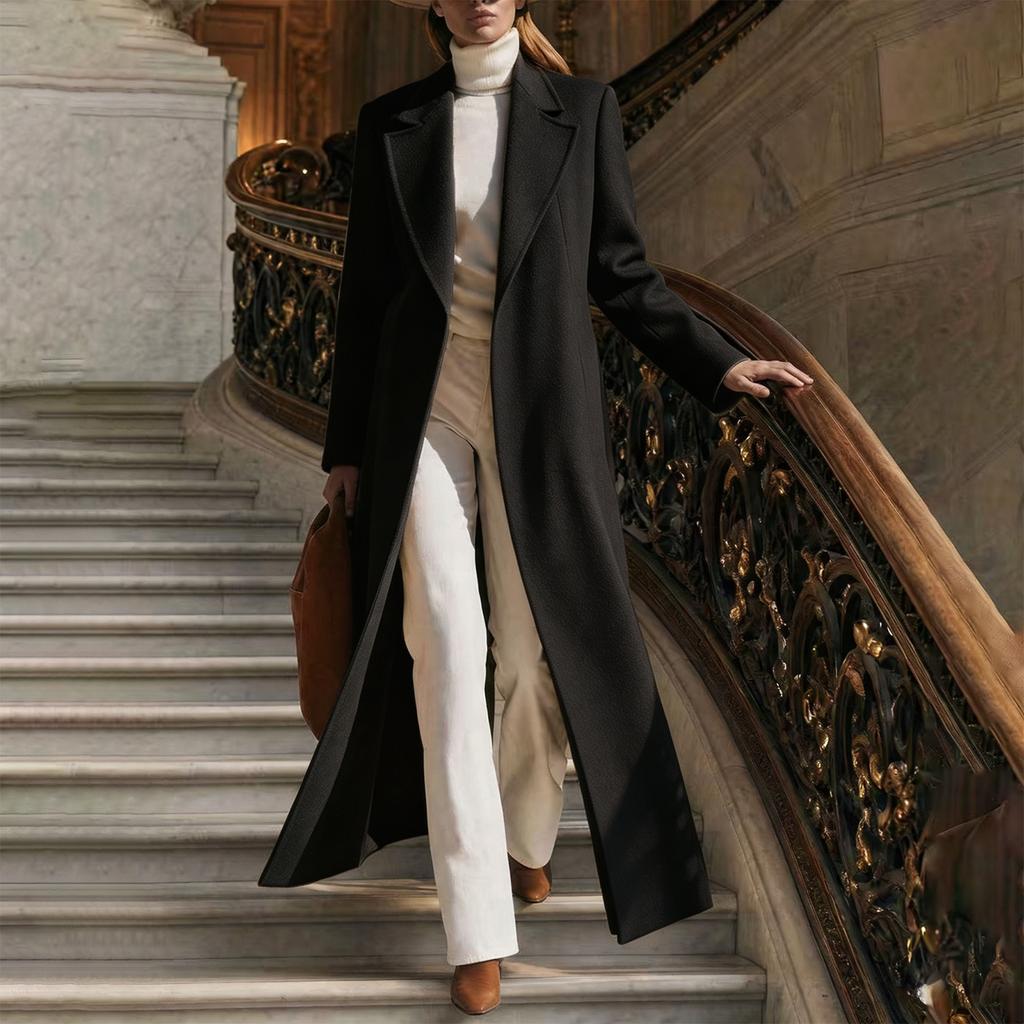 Women's Extra Long Wool Overcoat with Back Slit - Elegant Winter Coat