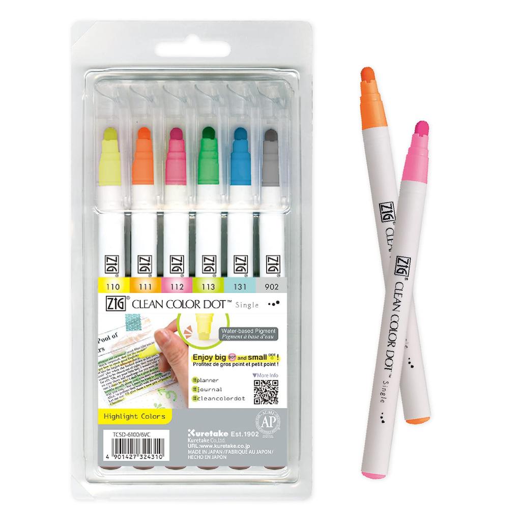 Kuretake Water-based Pen ZIG Clean Color Dot Single Highlight Color Set TCSD-6100/6VC