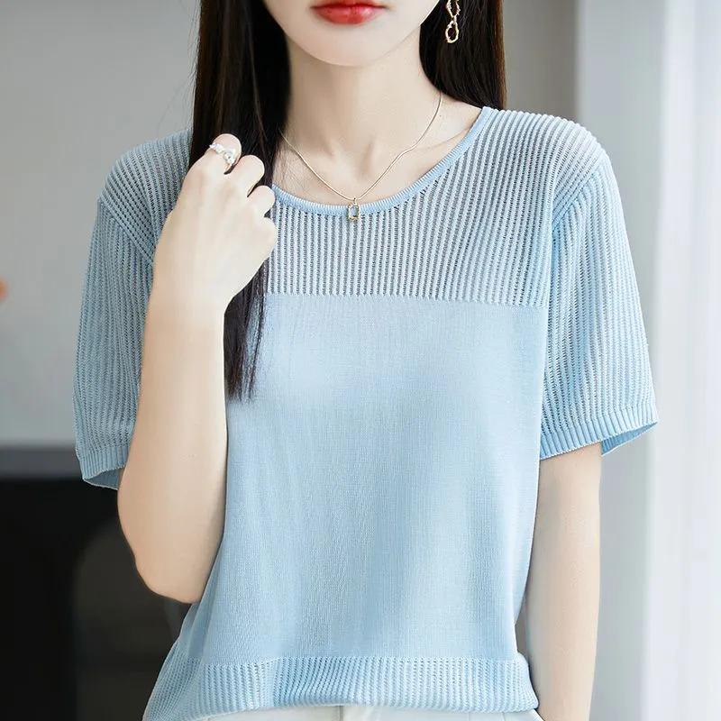 Women's Crew Neck Short Sleeve Hollow Out Knit Top