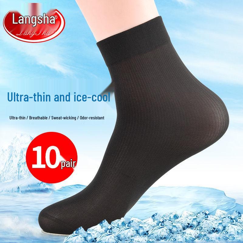 Langsha Men's Ultra-Thin Ice Silk Mid-Calf Socks - Breathable Black Summer Silk Stockings
