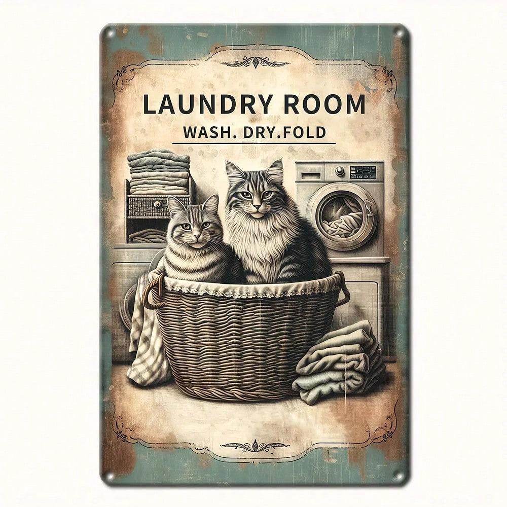 Whimsical Cat Laundry Metal Sign Rustic Wall Decor for Home Utility Room