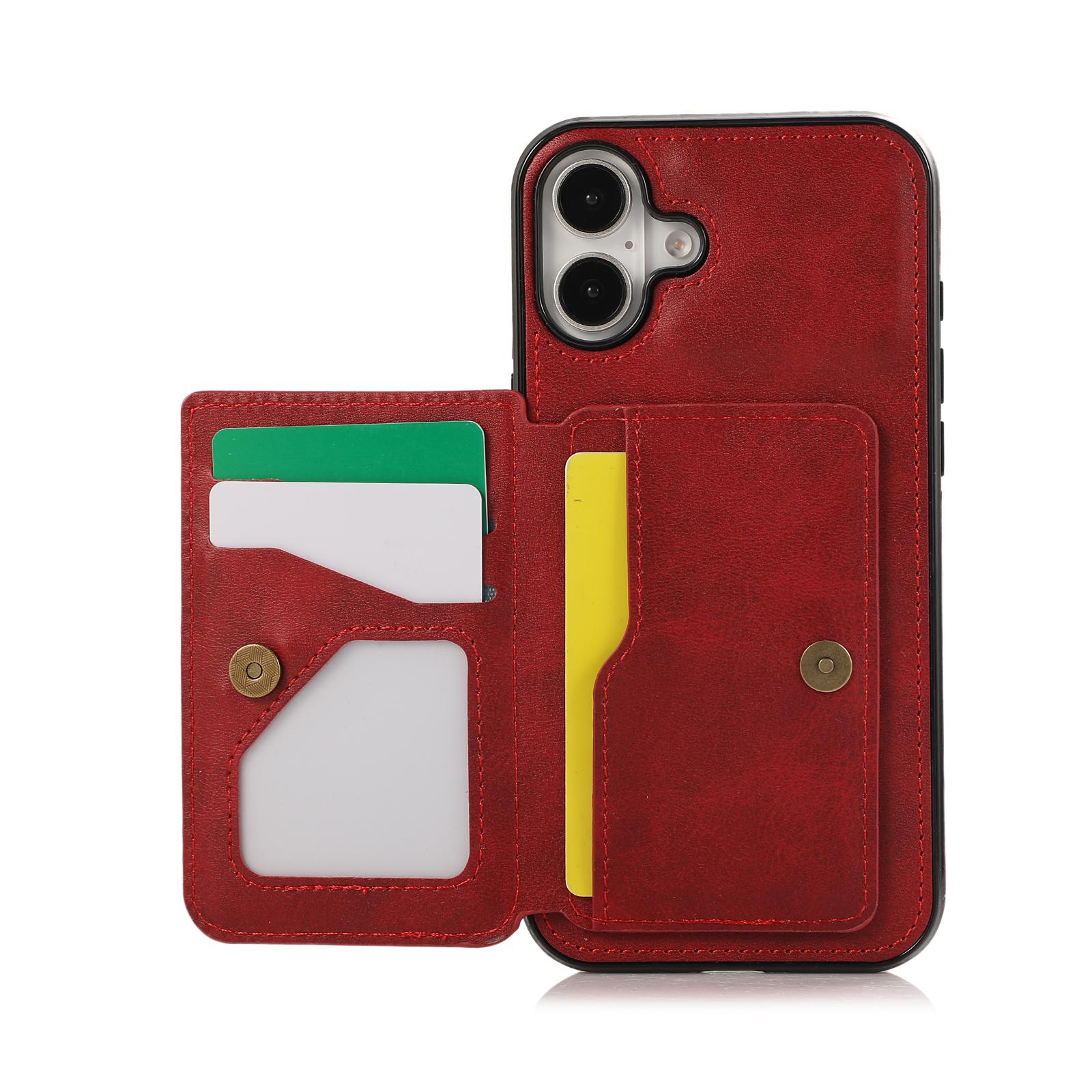 

For iPhone 16 Case Card Holder Kickstand PU Leather+TPU Phone Cover Red