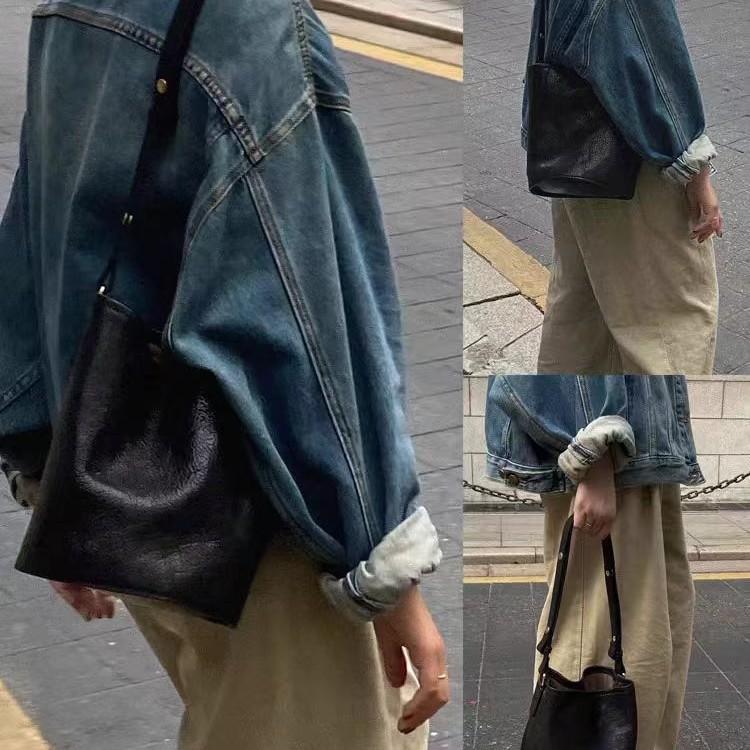Retro Fashion Literary Soft Leather Bucket Tote Bag Niche Commuting Going Out Daily Shopping Large Capacity Underarm Bag