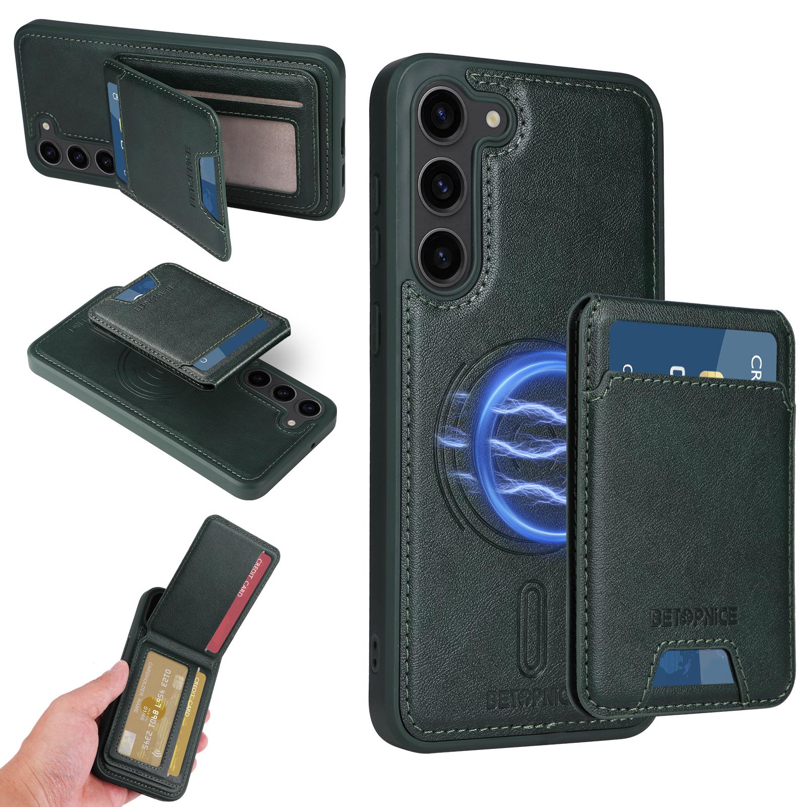 

For Samsung Galaxy S23+ Magnetic Case BETOPNICE RFID Blocking Leather Phone Back Cover with Detachable Card Bag Green