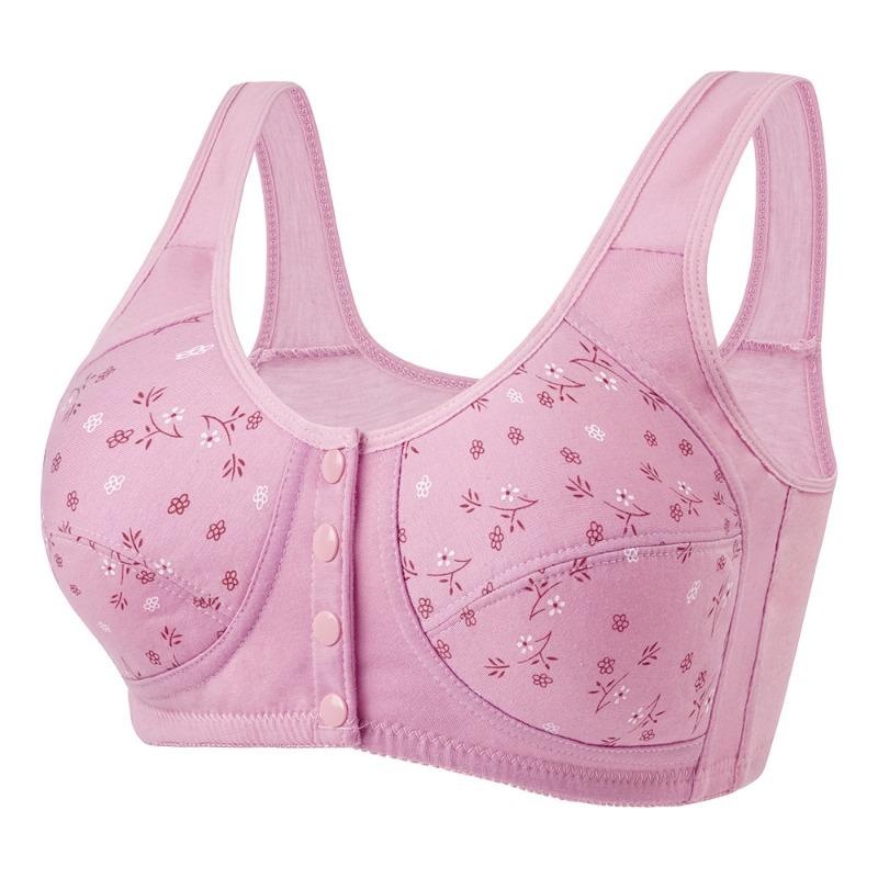 Plus Size Floral Print Cotton Bra with Front Closure and Wide Comfort Straps