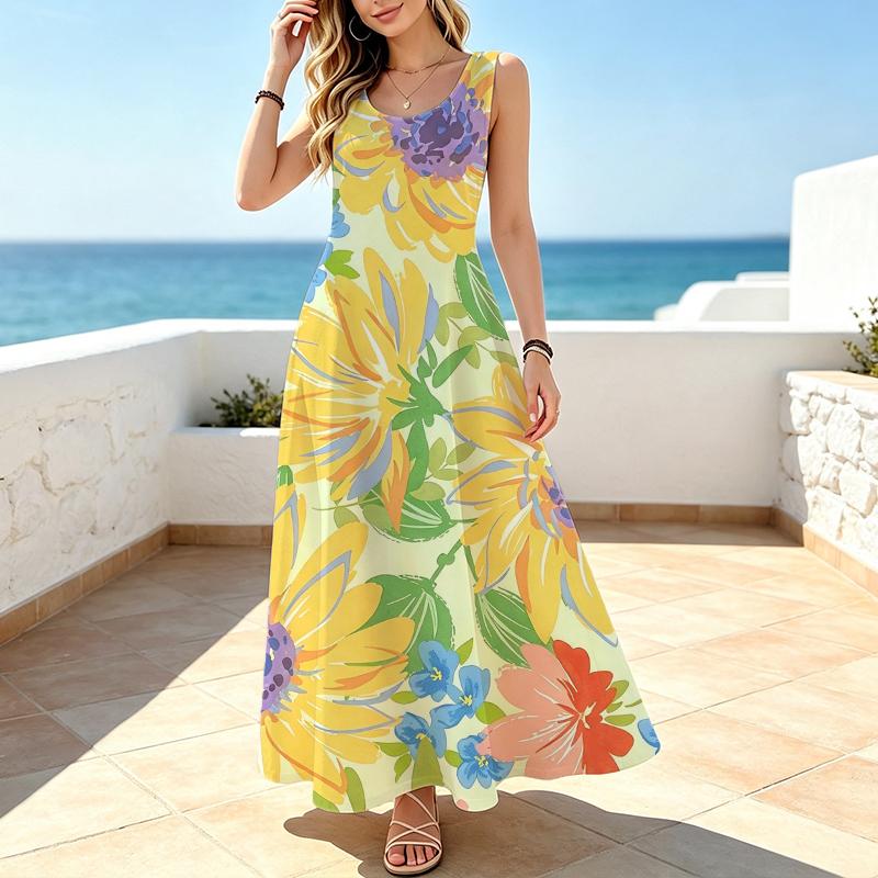 Women's Beach Maxi Dress,Floral Collection Lightweight,Full Flowy Skirt,Vibrant Colors,Versatile for Travel Photoshoots & Casual Daily Outings