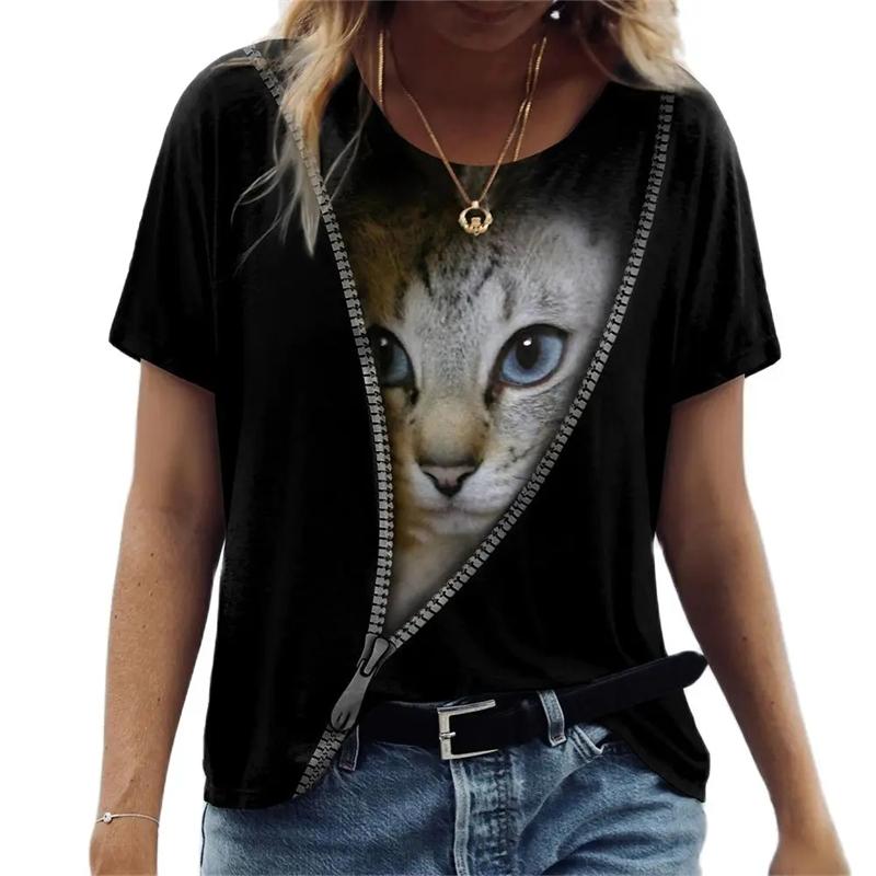 Fashion Women's T-shirts 3D Kawaii Cat Print Short-sleeved Personality Tops Casual Funny Tees Female Oversized Loose Clothing
