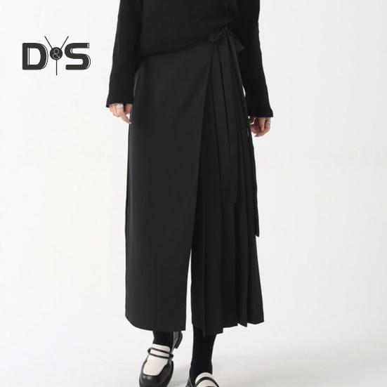 Women Pants Dark Style Black Solid Color Pleated Fake Two piece Irregular High Street Loose Wide Leg Casual Individual Mid calf Length Culottes