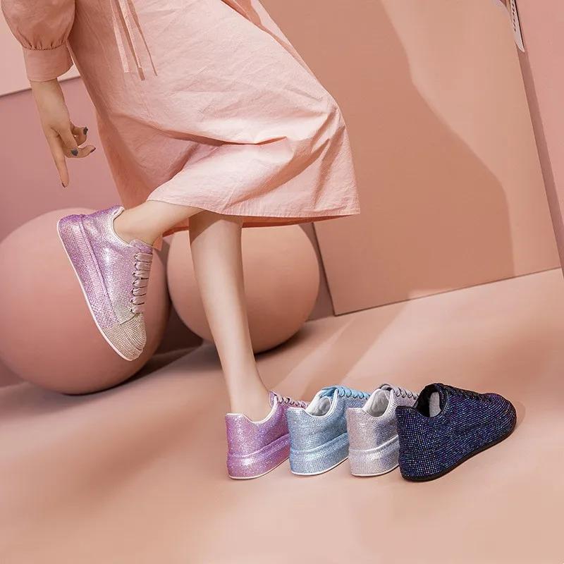 2025 Autumn Leather Women Shoes New Style Fashion Pink Platform Shoes Ins Platforms Sneakers Tide Shine Bling Rhinestone Shoes