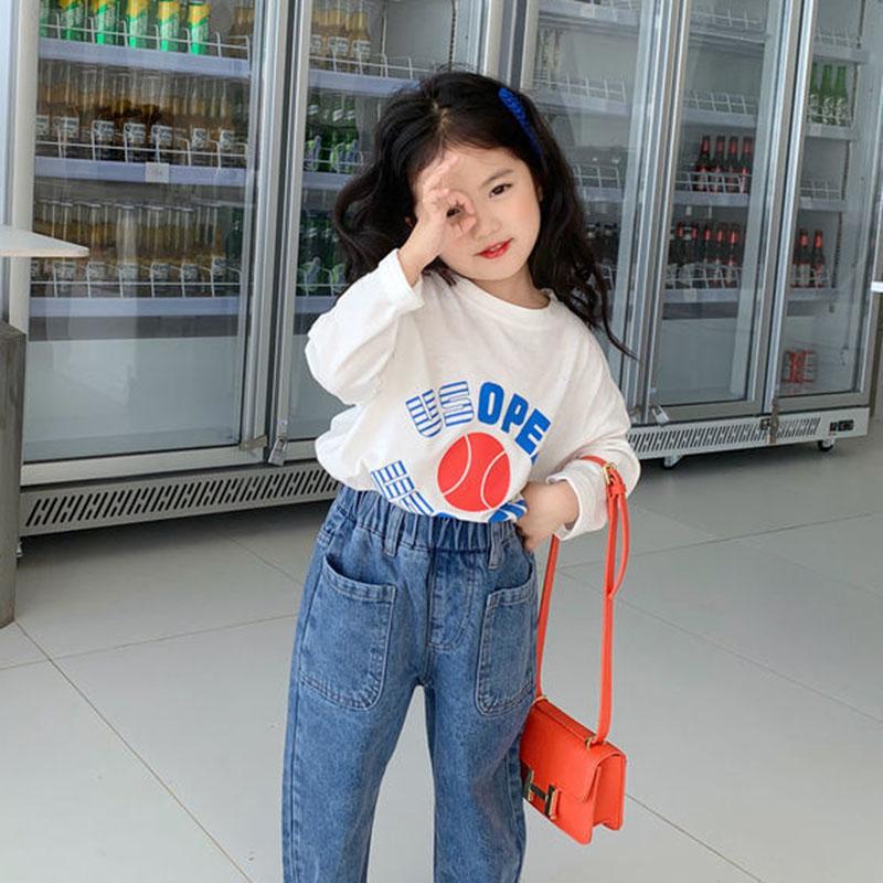 

Детская футболка с длинным рукавом для девочек, осенняя футболка с круглым воротником и буквенным принтом, одежда 140cm