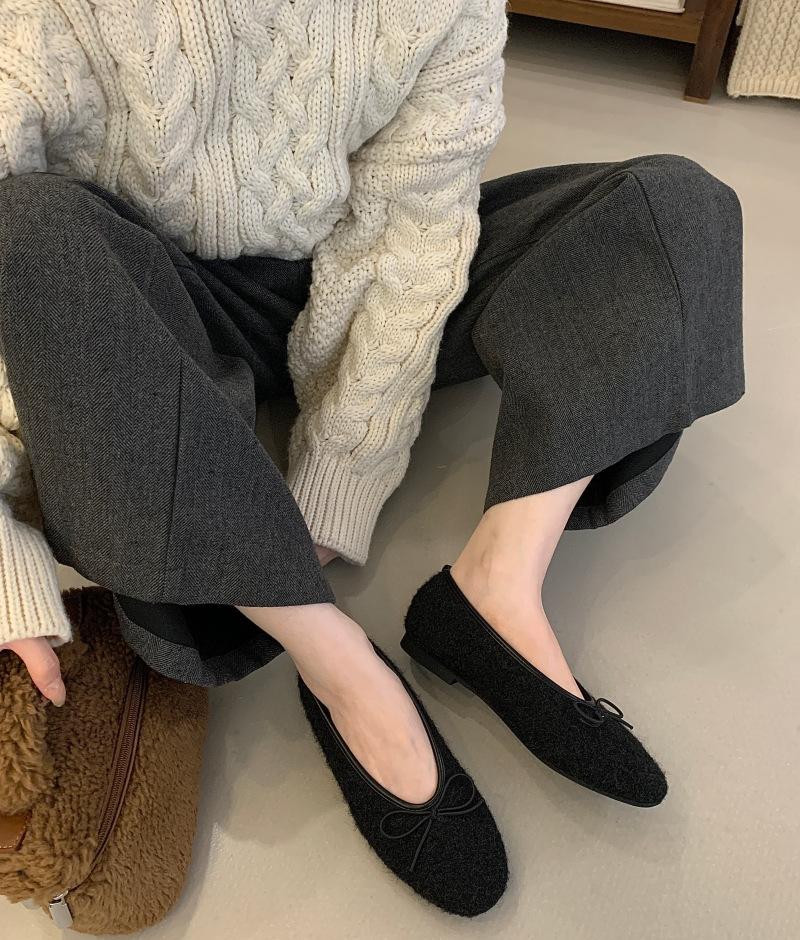 Flat bottom square head bow woolen single shoes women's 2025 autumn and winter new cotton shoes plush grandma shoes Korean version of woolen shoes