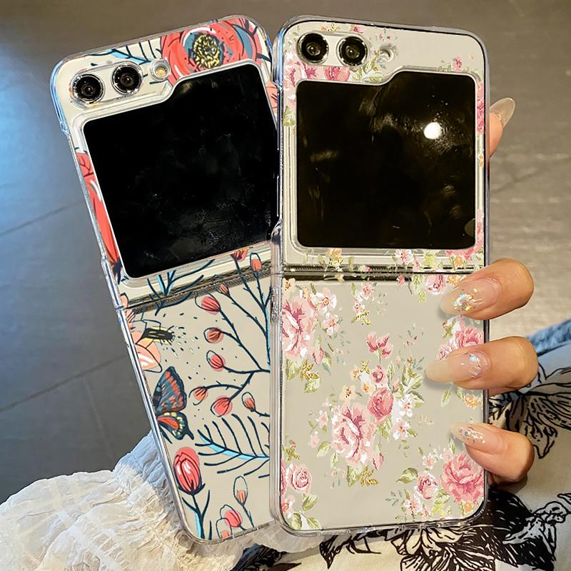 Flower Pattern Phone Case For Samsung Galaxy Z Flip7 Flip6 Flip5 Flip4 Hard Clear Folding Cover For Samsung Z Flip 7 6 5 4 3 5G