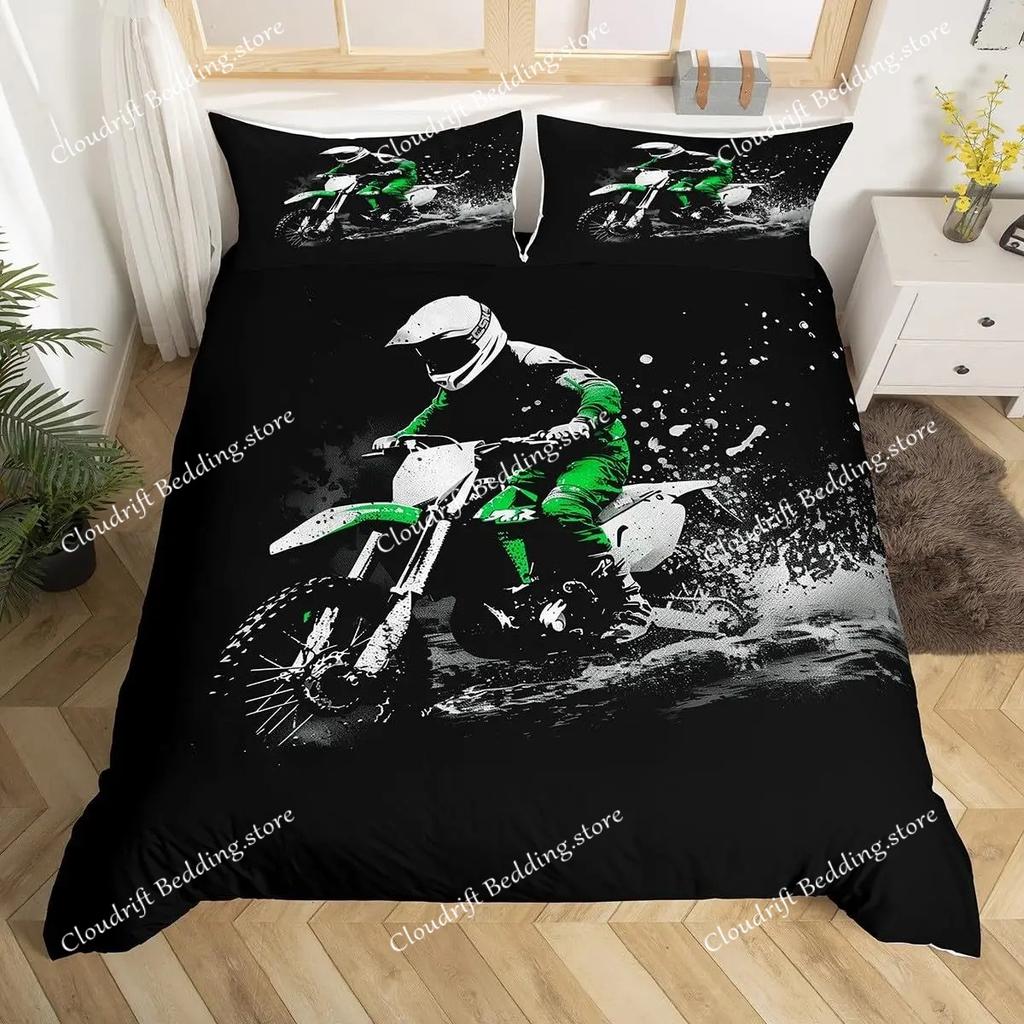 Dirt Bike Comforter Cover, Sports Biker Motocross Racing Theme Duvet Cover Set For Teen Boys Decorative Bedding Sets