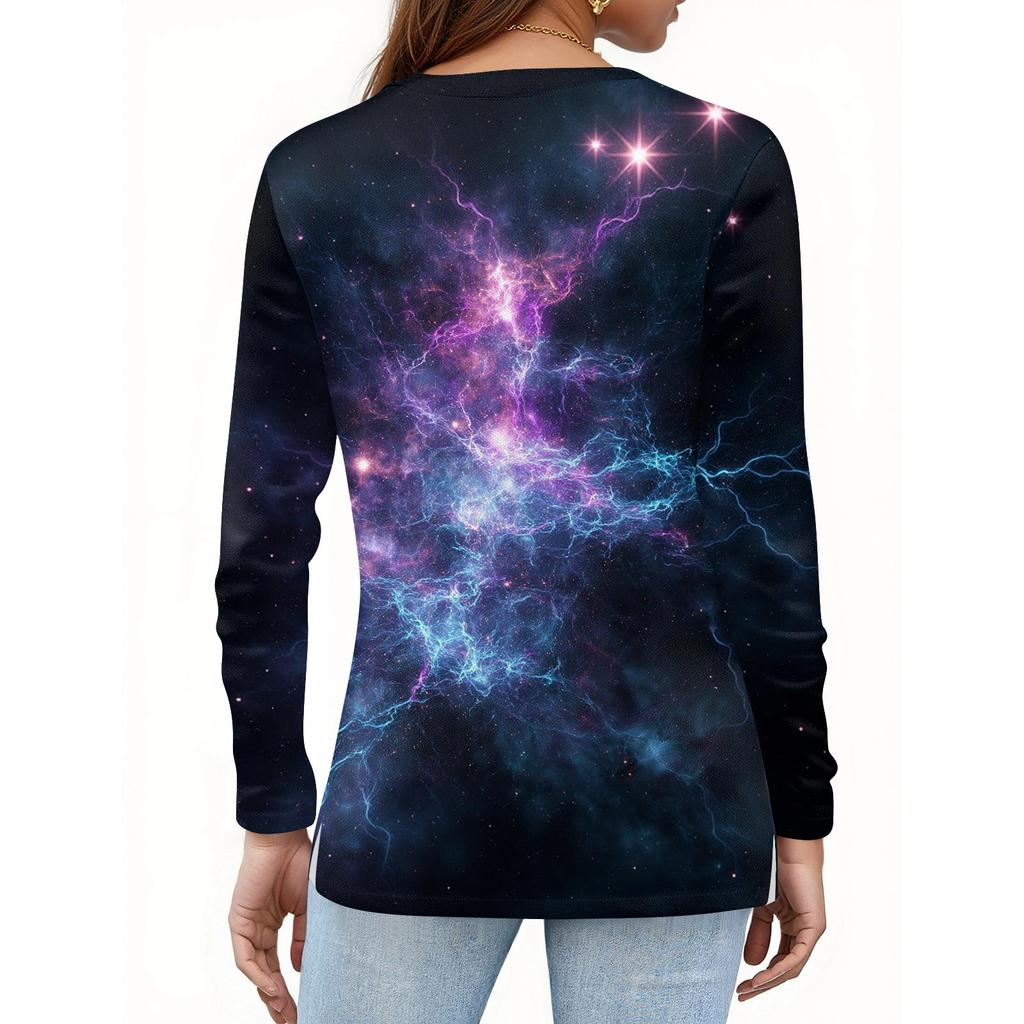 Women's Fashion Casual Slit Hem Round Neck Long Sleeve Loose Printed T,Shirt Ladies Top