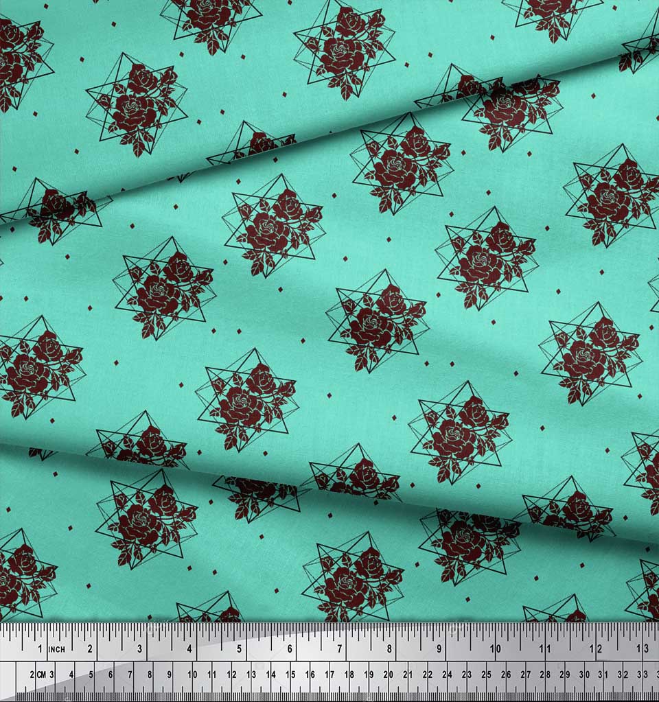 Soimoi Green Poly Crepe Fabric Geometric & Rose Floral Printed Fabric 1 Yard 42 Inch