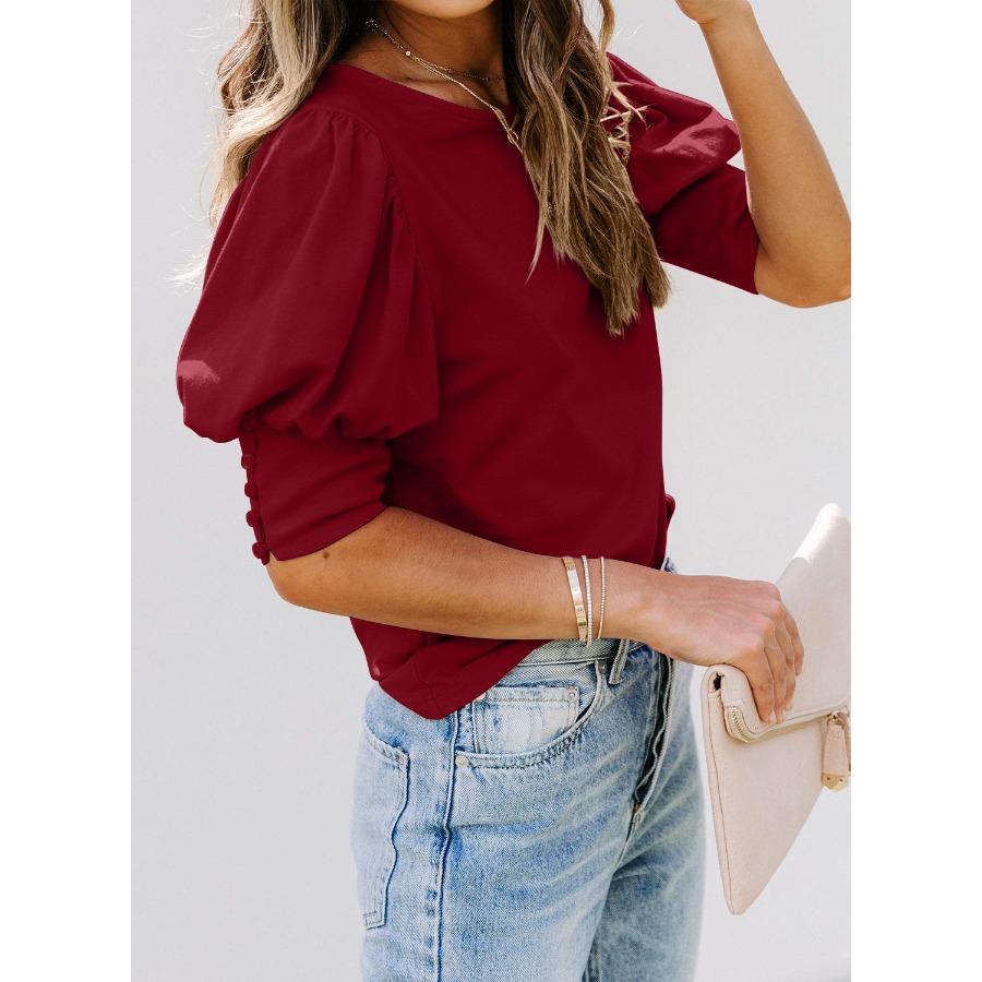 Summer Women's Round Neck Solid Color Button Loose Casual Short Sleeved T-shirt for Women