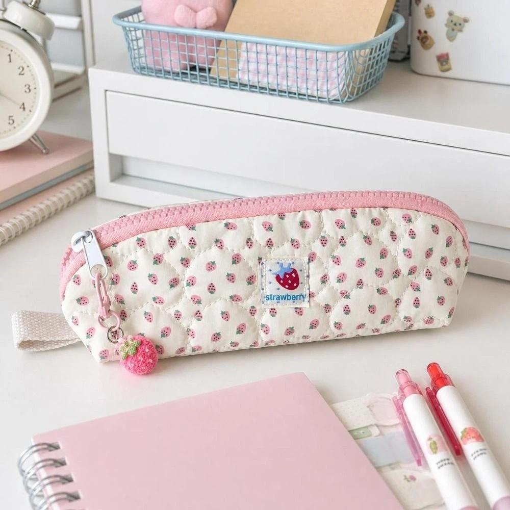 Pink Strawberry Print Stationery Bag with Strawberry Pendant Cosmetic Storage Bag Students Gift