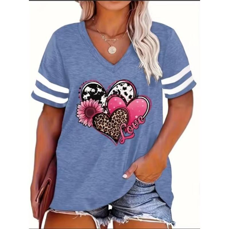 Plus Size Spring/Summer New 3D Love Print Casual Fashion Women's V-Neck Short-Sleeved Loose T-Shirt 5XL
