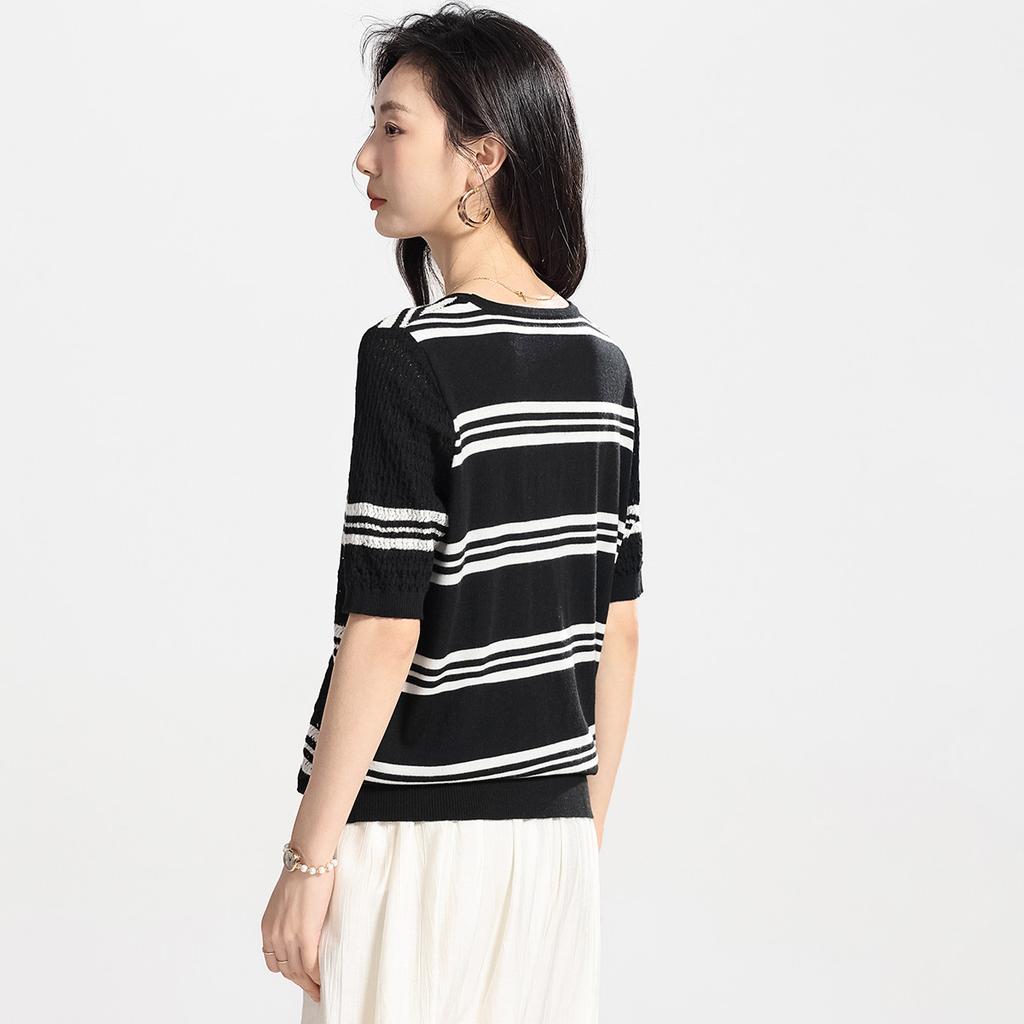 Black and white contrasting T-shirt with mulberry silk, striped knit shirt, casual short sleeved, summer comfortable women's T-shirt top