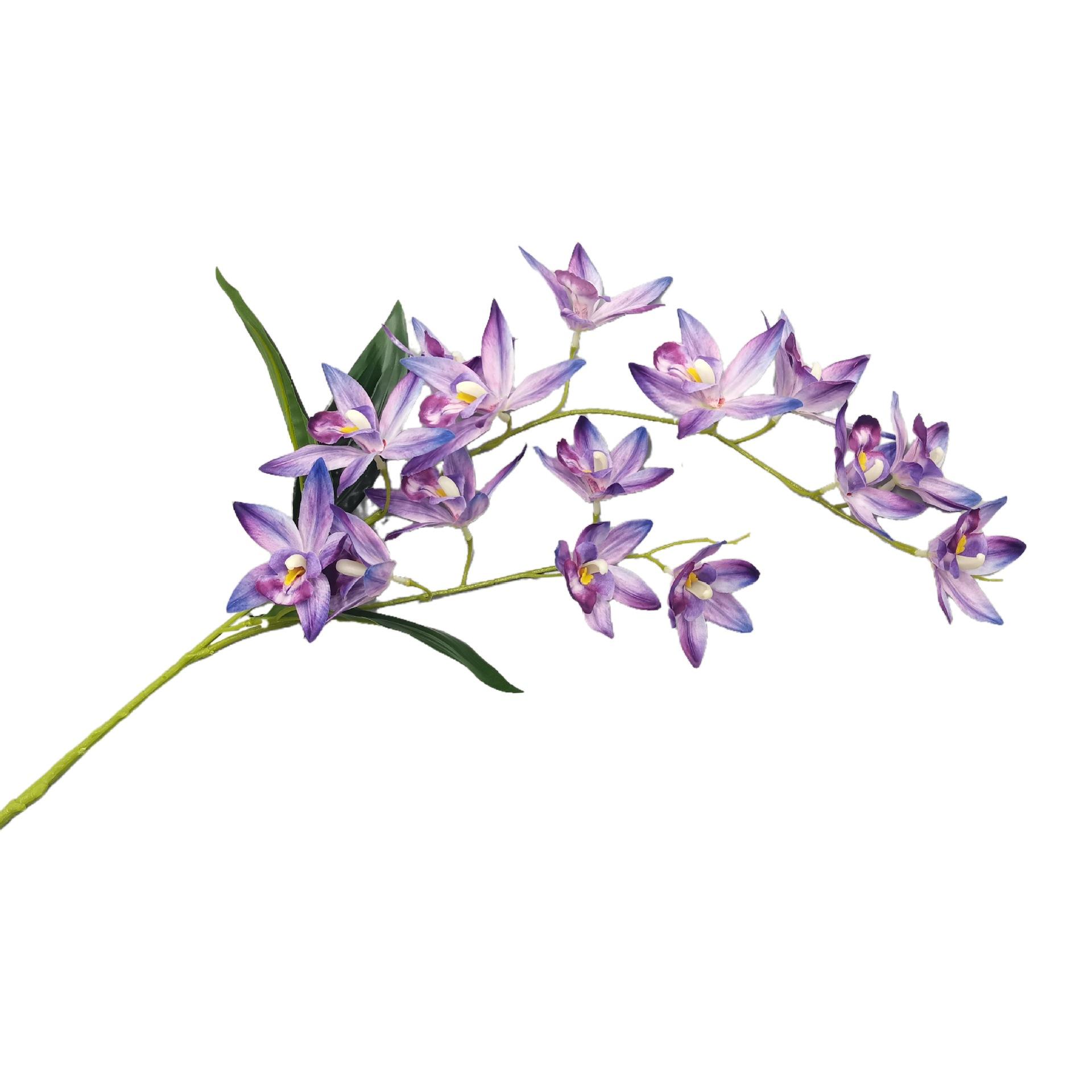 Artificial Coral Pink Cymbidium Orchid Stem, Faux Orchid with Blooms & Green Leaves, Fake Flower for Home Vase Decor