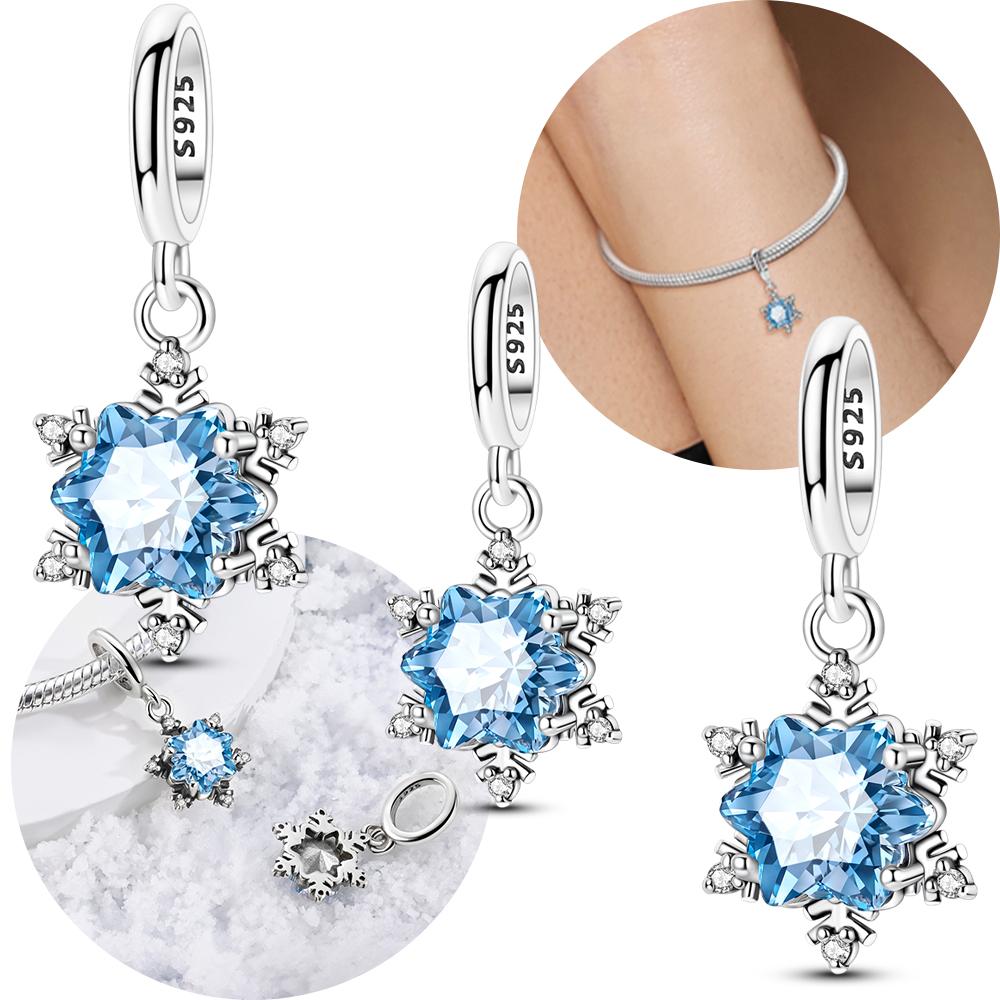 Original Copper Blue Zircon Snowflake Pendant Shiny Beads Fit Bracelet Diy Gift Women Accessory Delicate Jewelry