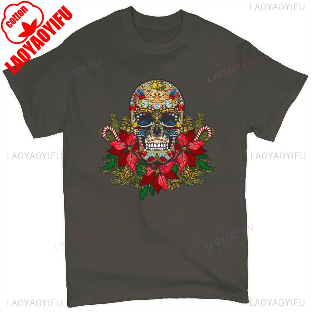 Christmas Calavera Tshirt Sugar Skull Holiday Spirit Mistletoe Mens Tee Retro Breathable Top Skeleton and Flower Pattern Shirt