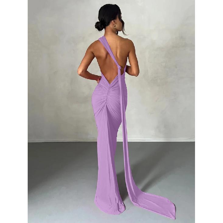 One Shoulder Rückenfrei Verstellbarer Schal Loop Gerafftes Sexy Maxikleid Damen Elegant Y2K Streetwear Festival Outfit